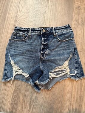 Good American Distressed Dark Blue High-Rise Denim Shorts